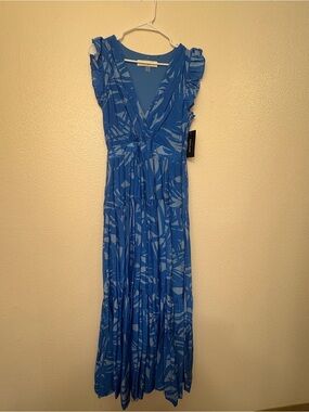 Taylor Blue Printed V-Neck Ruffle Sleeve Maxi Dress